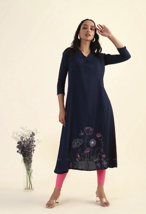 Sleeveless Cut Flowering Nights Navy with embroidery Maternity and feeding dress