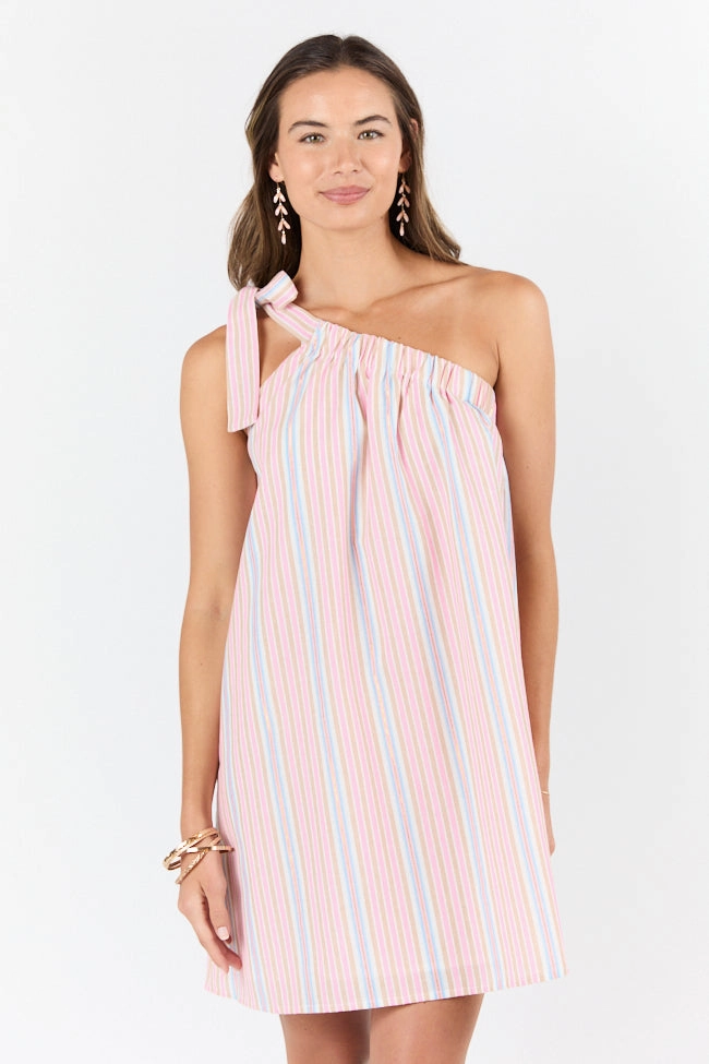 All Day Long Multi Striped One Shoulder Mini Dress SALE Ribbed-Texture Back Detail