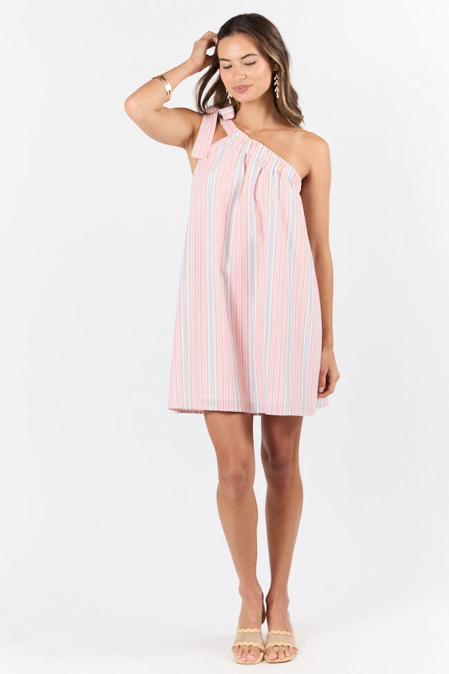 Evening-Wear All Day Long Multi Striped One Shoulder Mini Dress SALE