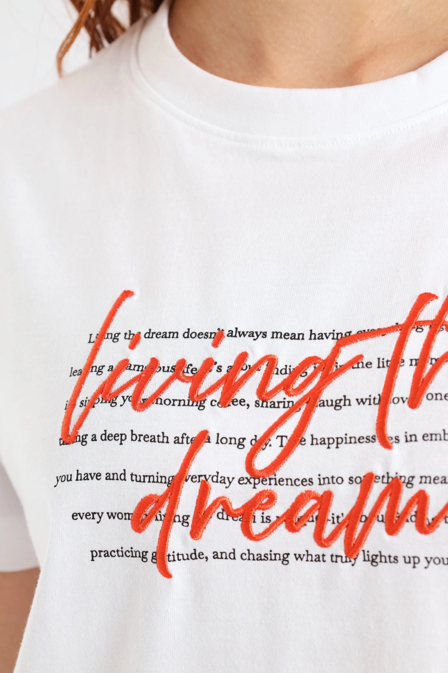 Short Sleeve Living The Dream Embroidered Regular Tee - White Eco Dye Process Interlock Stitch Detail