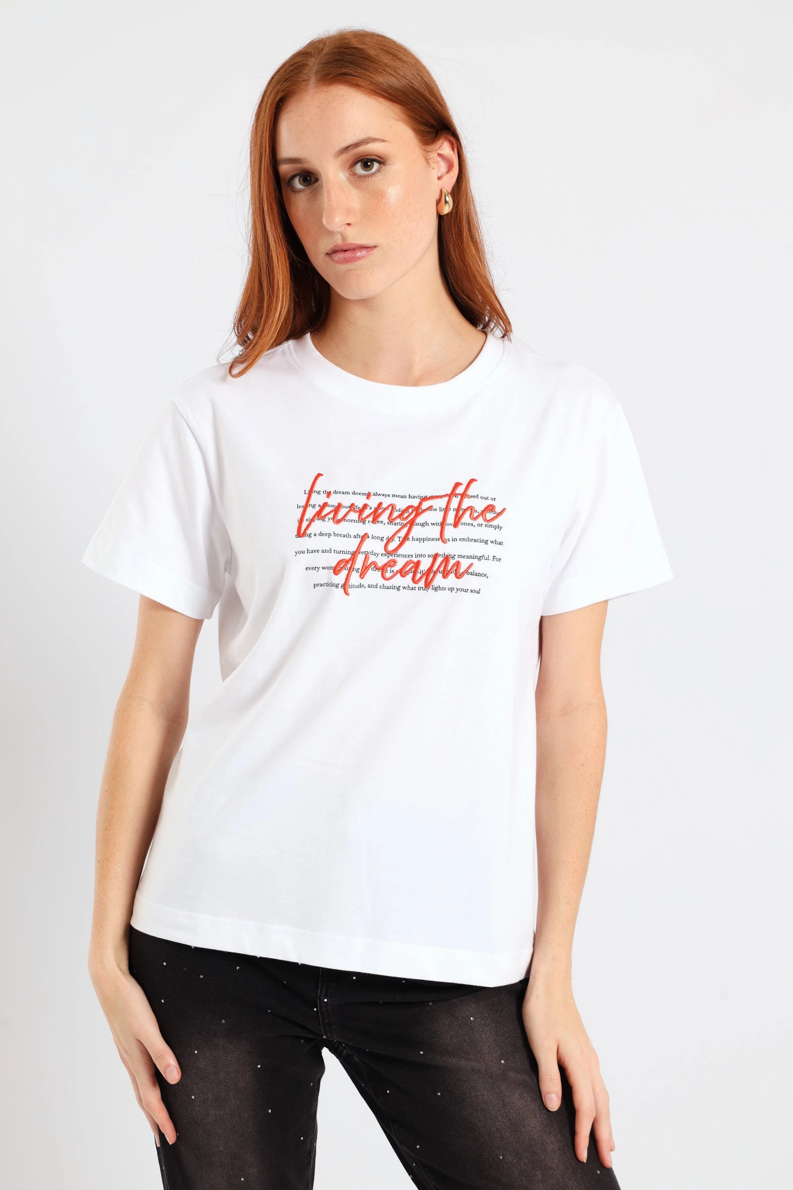 VentilatedArmholes EcoFriendlyMaterial Short Sleeve Living The Dream Embroidered Regular Tee - White