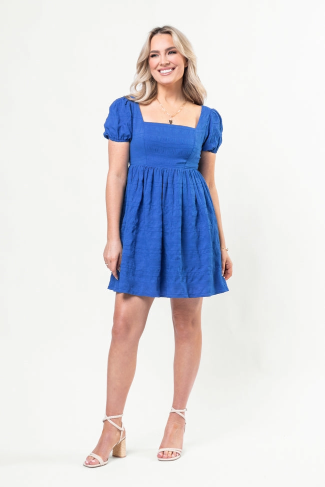Shiny-Lining Travel piece Breezing By Cobalt Textured Square Neck Mini Dress SALE
