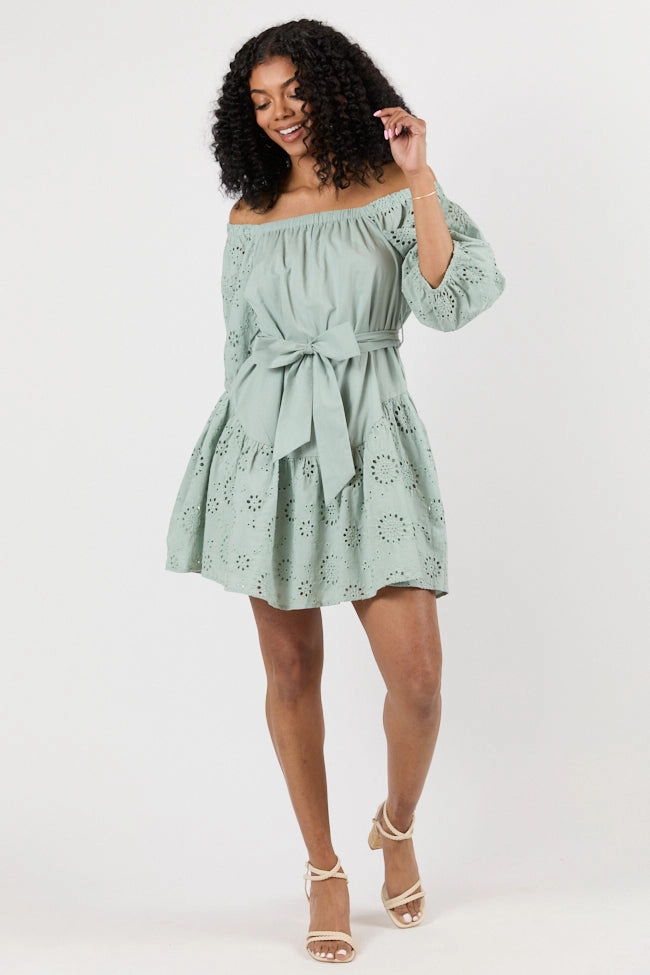 Set The Sage Eyelet Off The Shoulder Dress FINAL SALE Evening-Wear Matte-finish