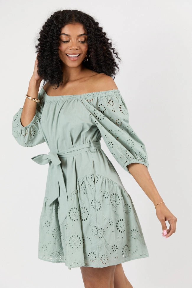 Set The Sage Eyelet Off The Shoulder Dress FINAL SALE Stretch Fabric Effortless Style