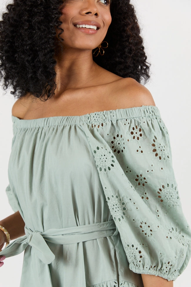 Set The Sage Eyelet Off The Shoulder Dress FINAL SALE Minimal Fit Lightweight Piece