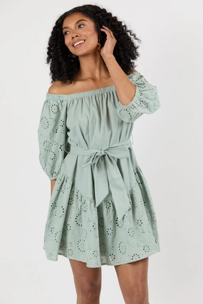 Set The Sage Eyelet Off The Shoulder Dress FINAL SALE Neutral Mood Comfortable and Flattering