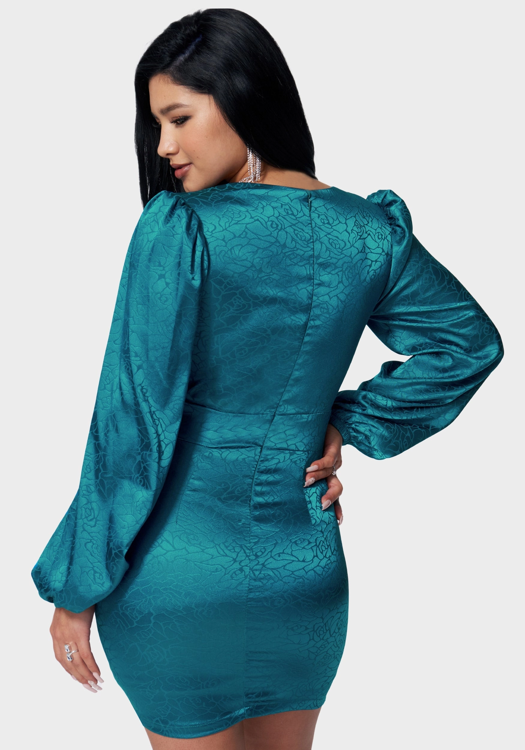 Satin Button Up Jacquard Mini Dress Flare Hem Square-Neck