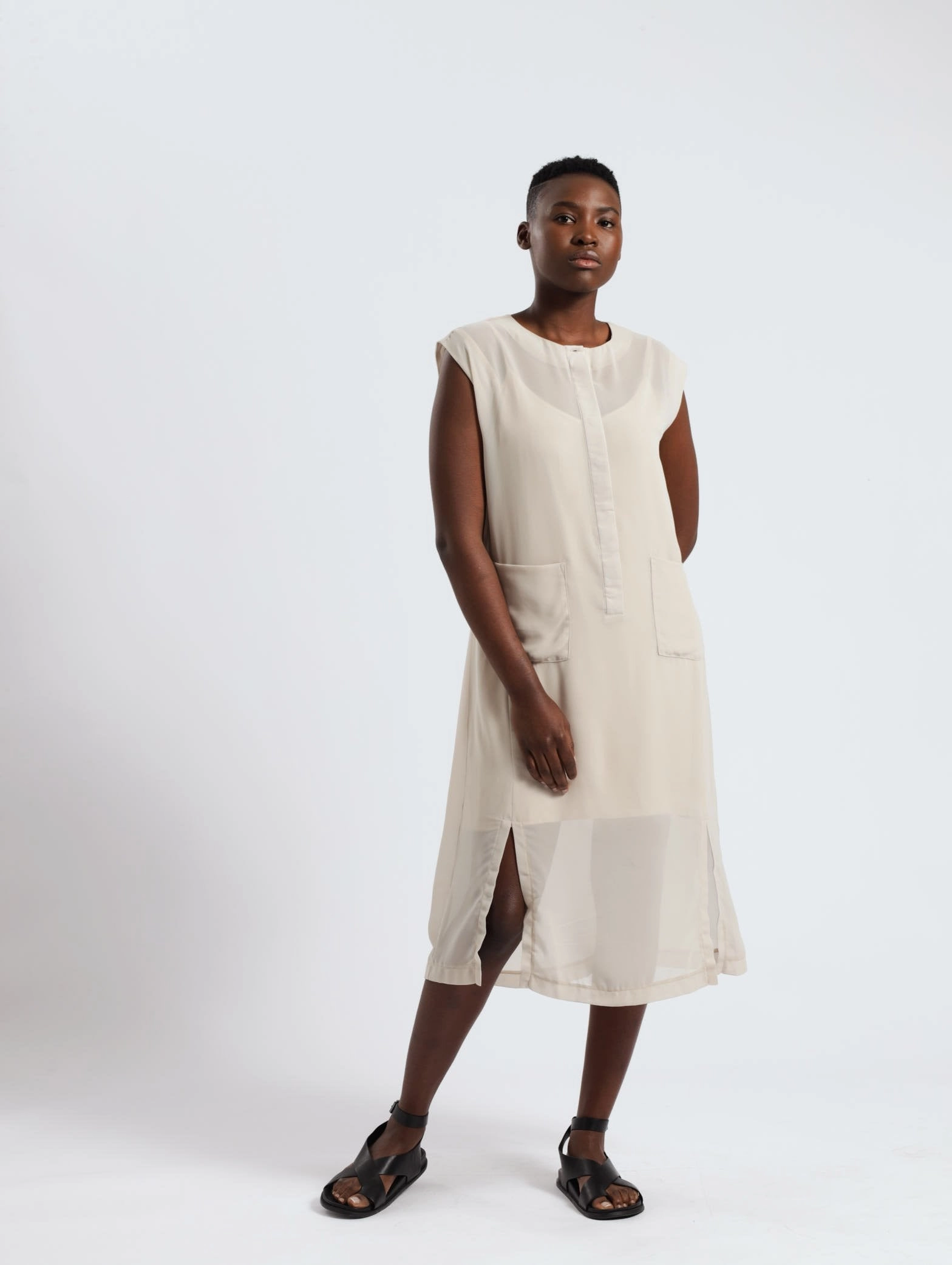 Sleeveless Sheer Patch Pocket Shirt Dress - Silver Subtle Charm Soft Presence