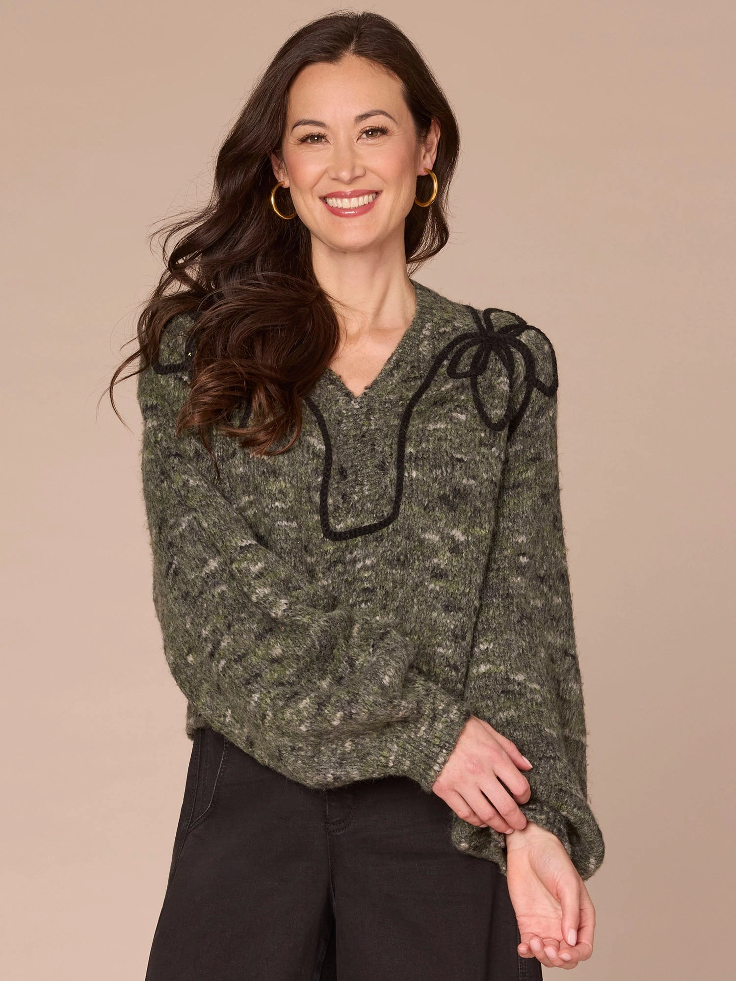 Temperature Regulating Fibers Long Raglan Sleeve V-Neck Pull Over Sweater with Placement Embroidery