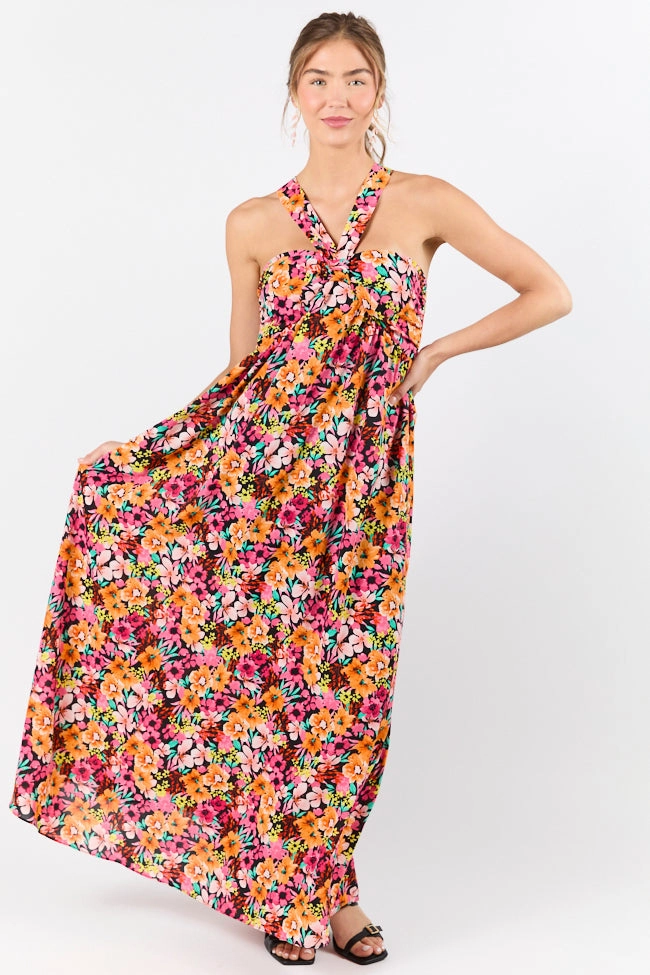 Smart Tones Waterside Elegance Multi Floral Halter Neck Maxi Dress FINAL SALE