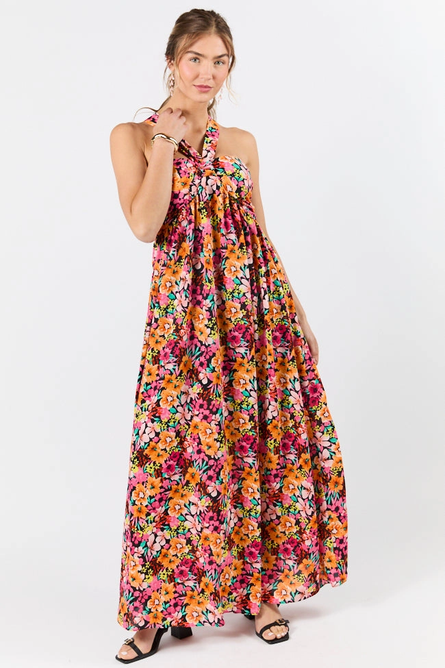 Flower Soft Waterside Elegance Multi Floral Halter Neck Maxi Dress FINAL SALE