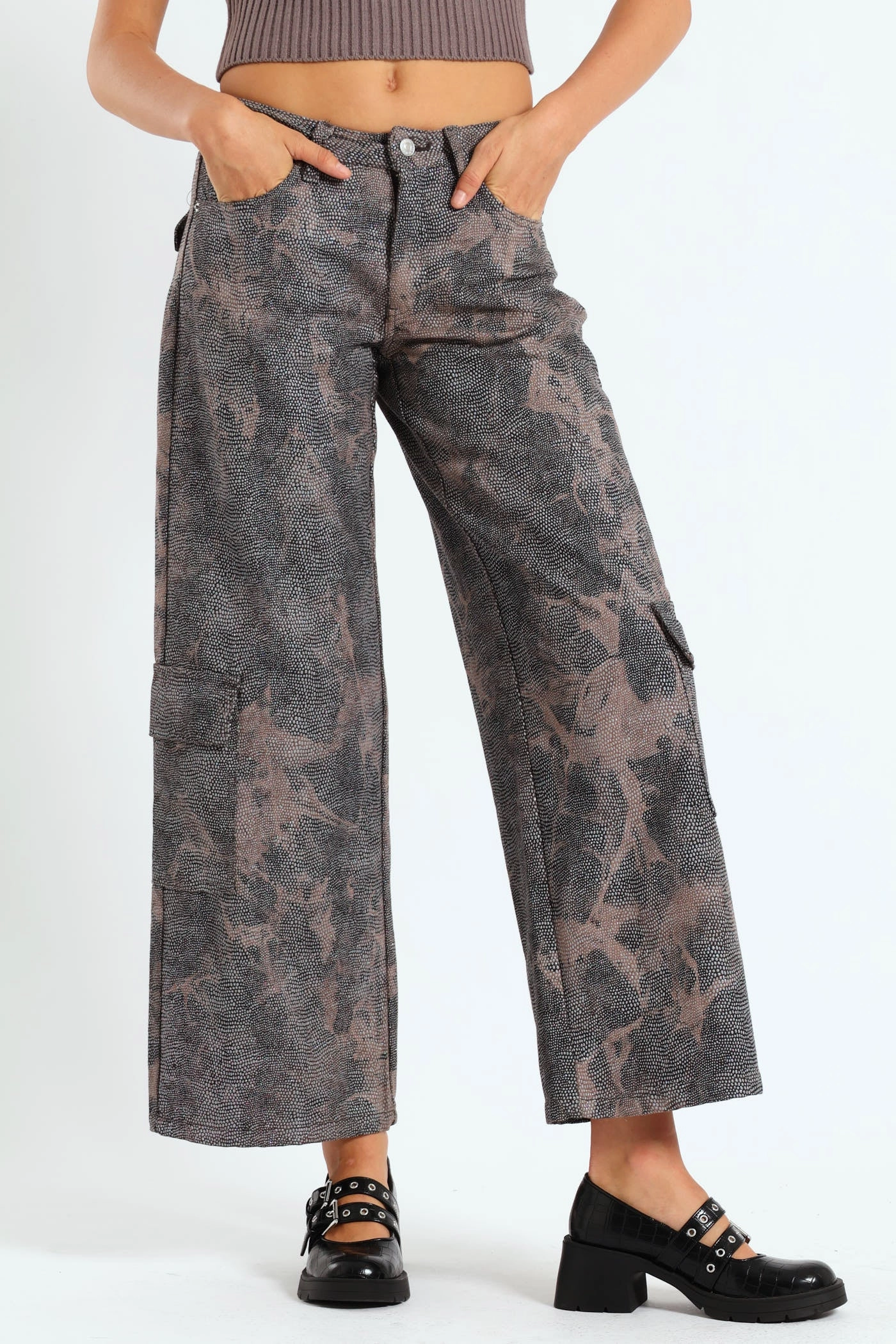 Rhinestone Mid-Rise Cargo Pants - Brown Reflective Trim Chilly Weather Fit