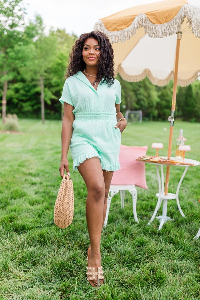 Effortless Layering Stop And Stare Mint Flutter Hem Collared Romper FINAL SALE