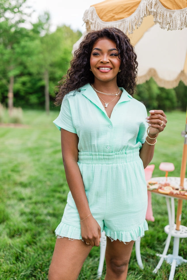 Stop And Stare Mint Flutter Hem Collared Romper FINAL SALE Satin-Edge Subtle Edge