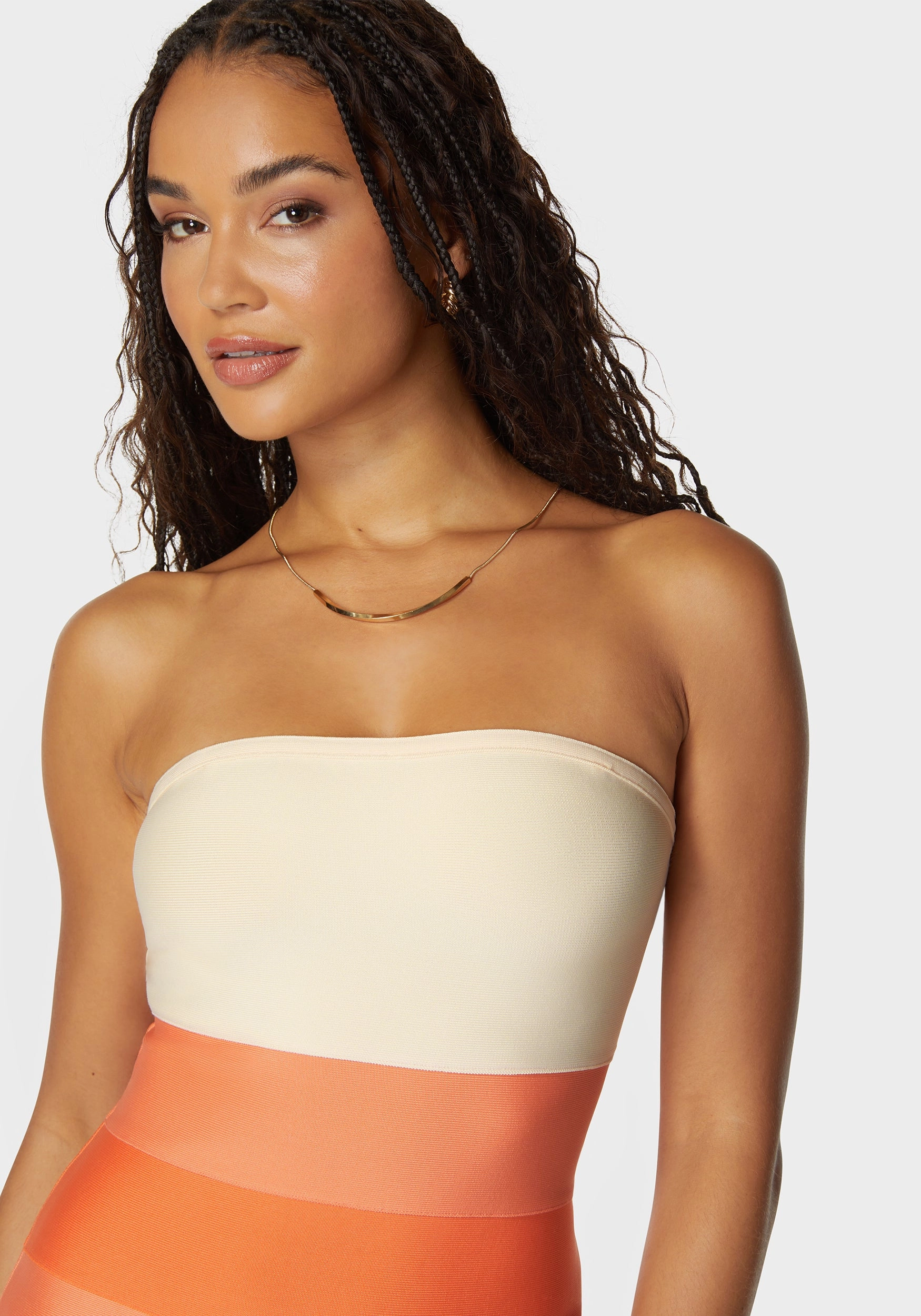 Side Tie Silky-Lining Strapless Colorblock Bandage Midi