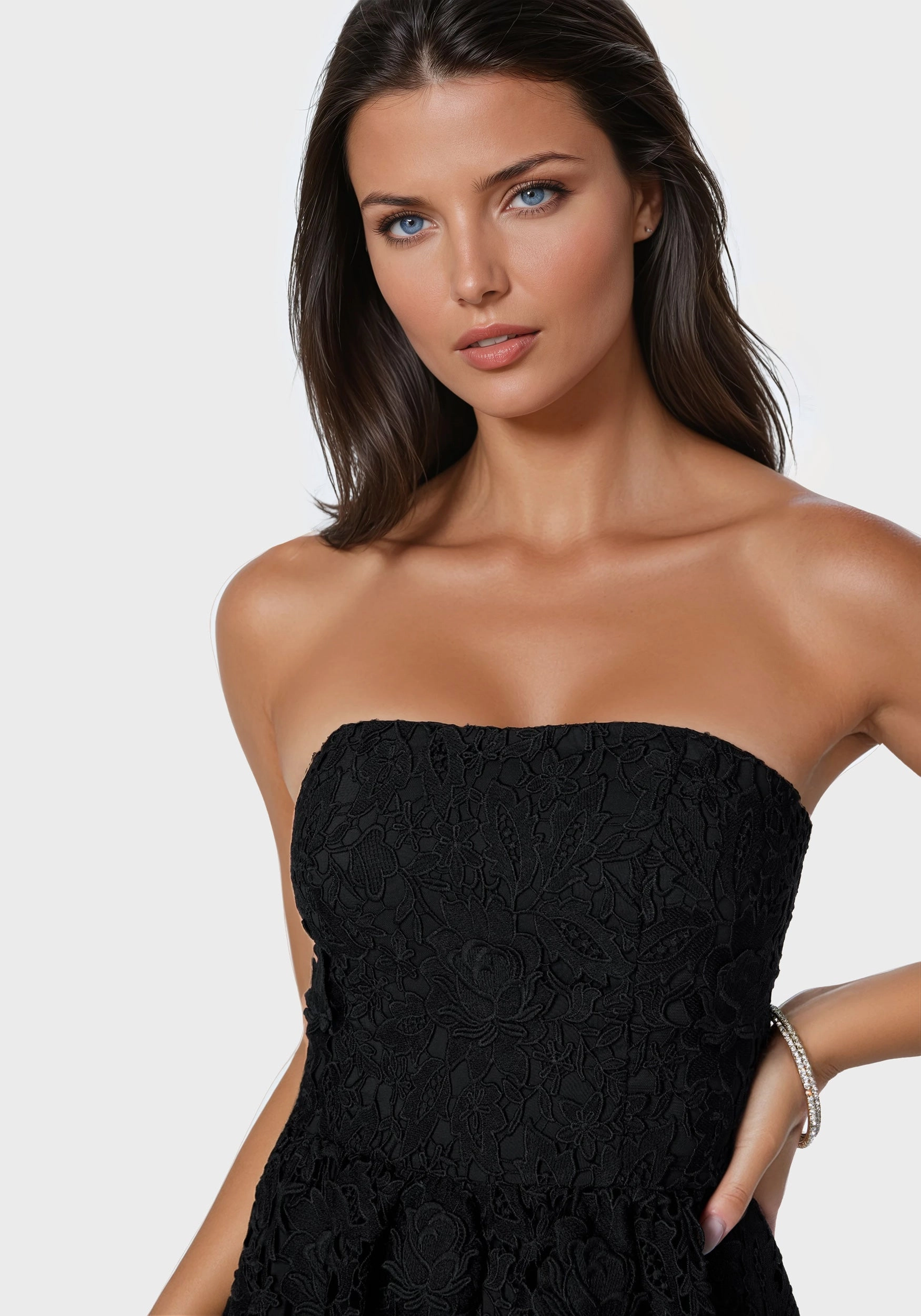 Mixed Fabric Strapless Lace Cupcake Dress