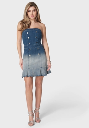 Neutral Form Flattering Comfort Wear Strapless Ombre Fitted Denim Dress