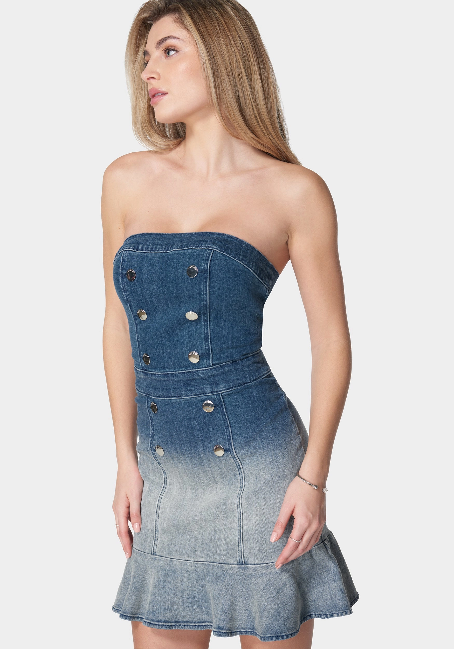Party Floral Cozy Feel Strapless Ombre Fitted Denim Dress