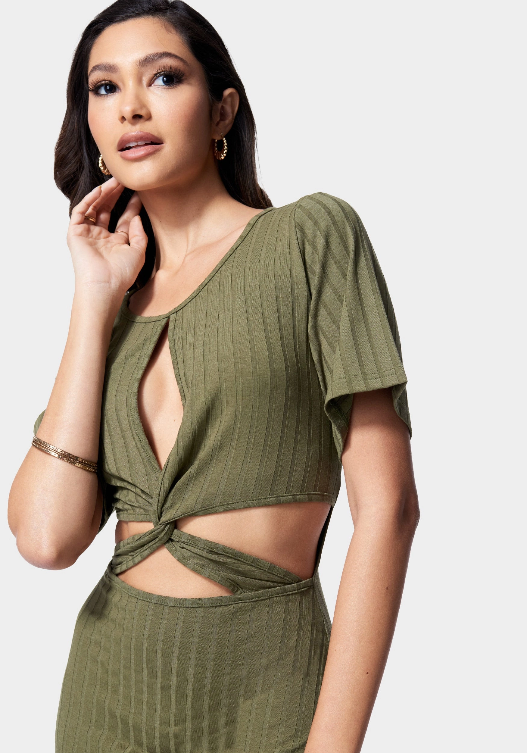 Texture Blend Crisp Detail Strappy Cutout Knit Midi Dress