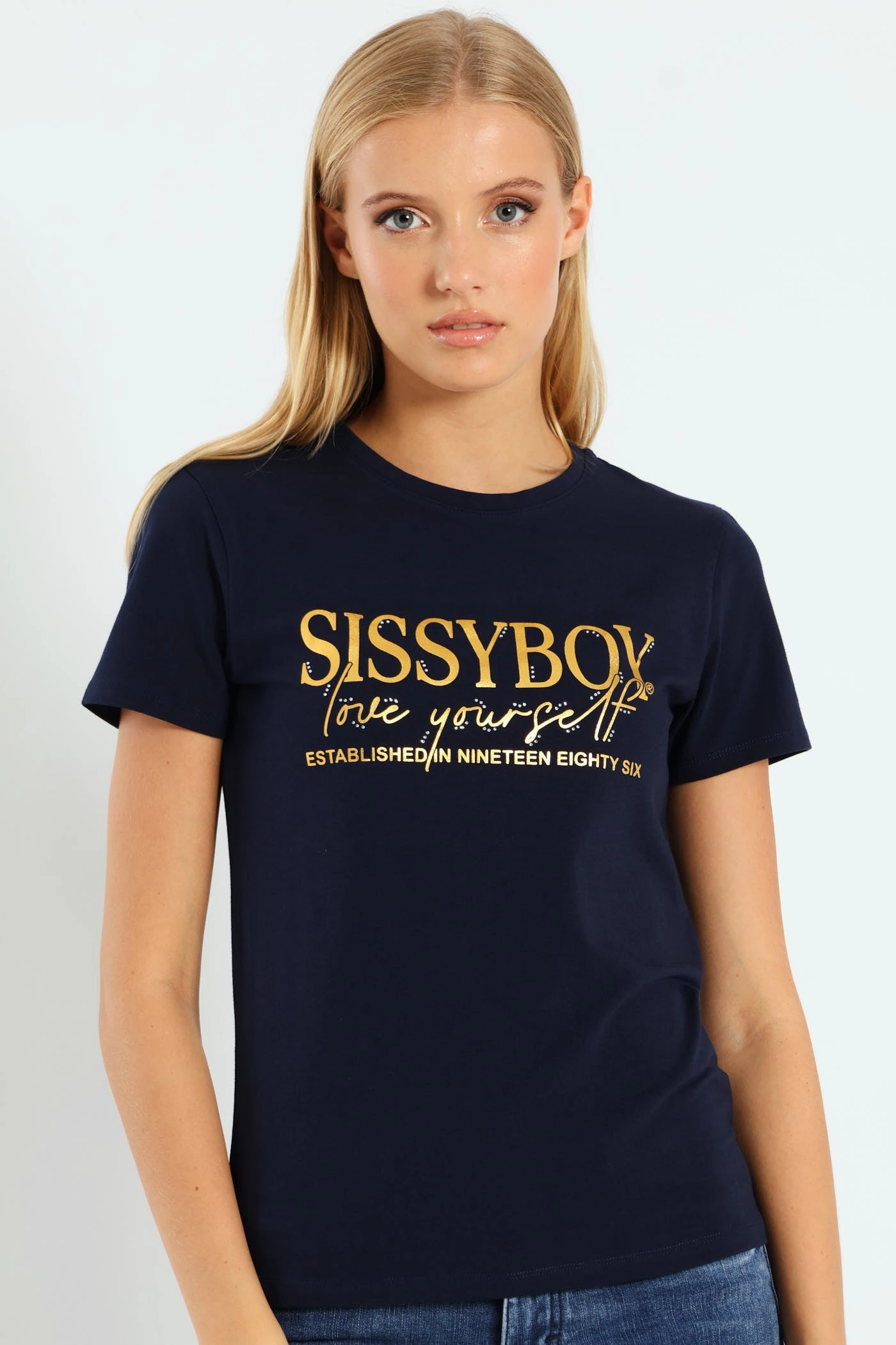 SeamlessSidePanels Gold Foil Print Tee With Diamante Transfers - Navy