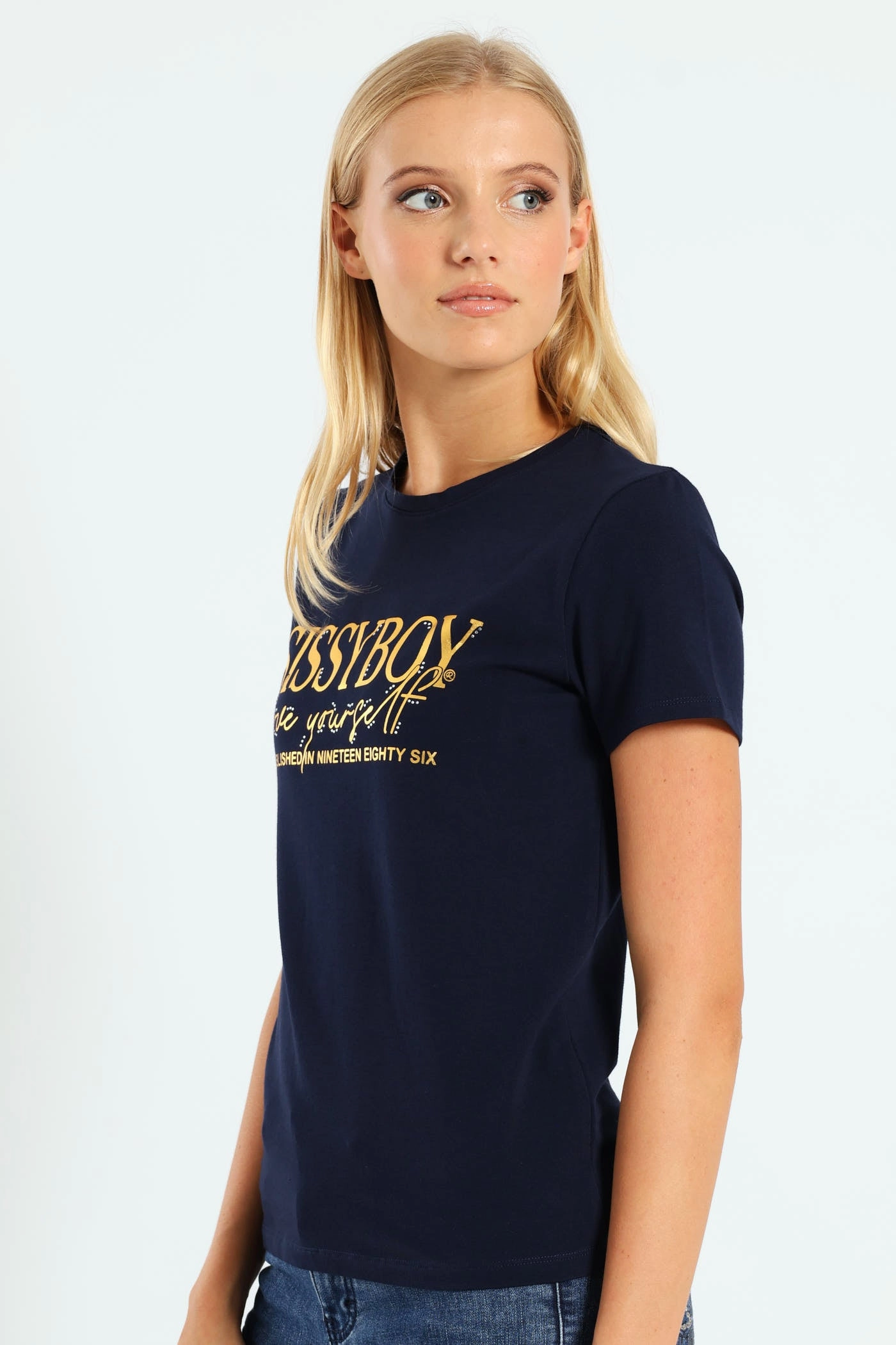 Gold Foil Print Tee With Diamante Transfers - Navy SustainableBlend Friction Resistant Finish
