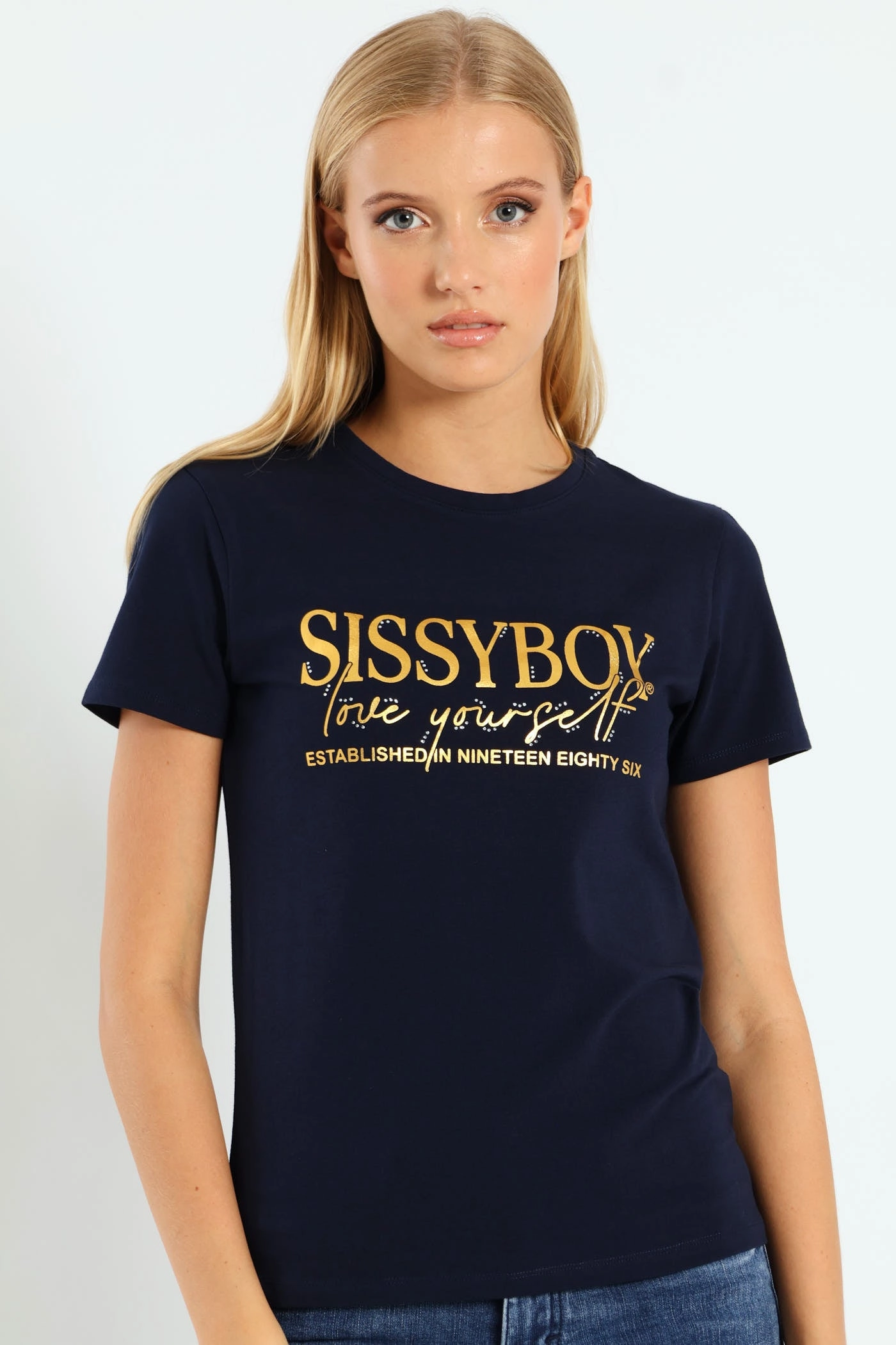 Curved Hemline Gold Foil Print Tee With Diamante Transfers - Navy