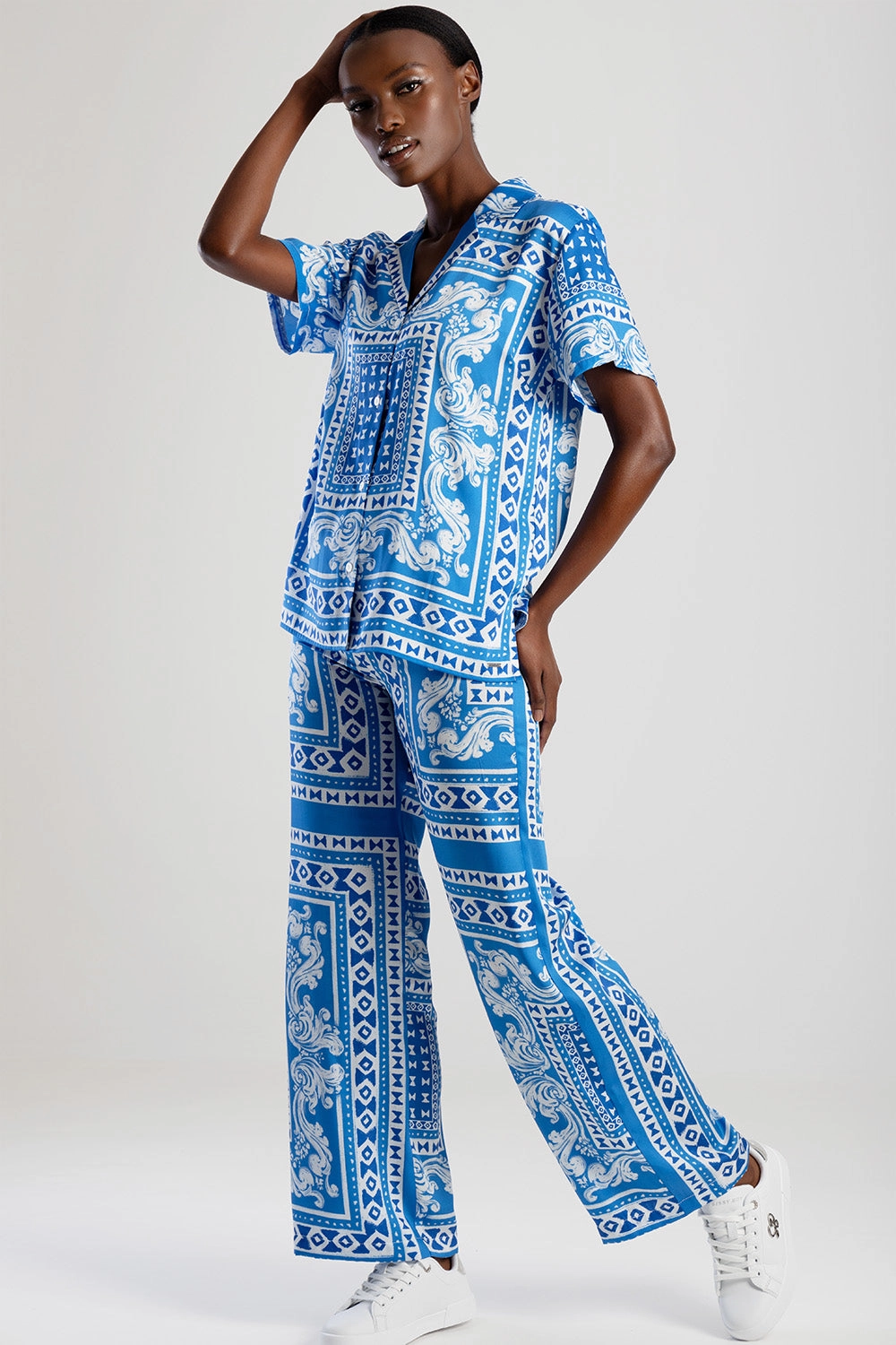 Elasticated Waist Wide Leg Pants - Blue Tailored Fit