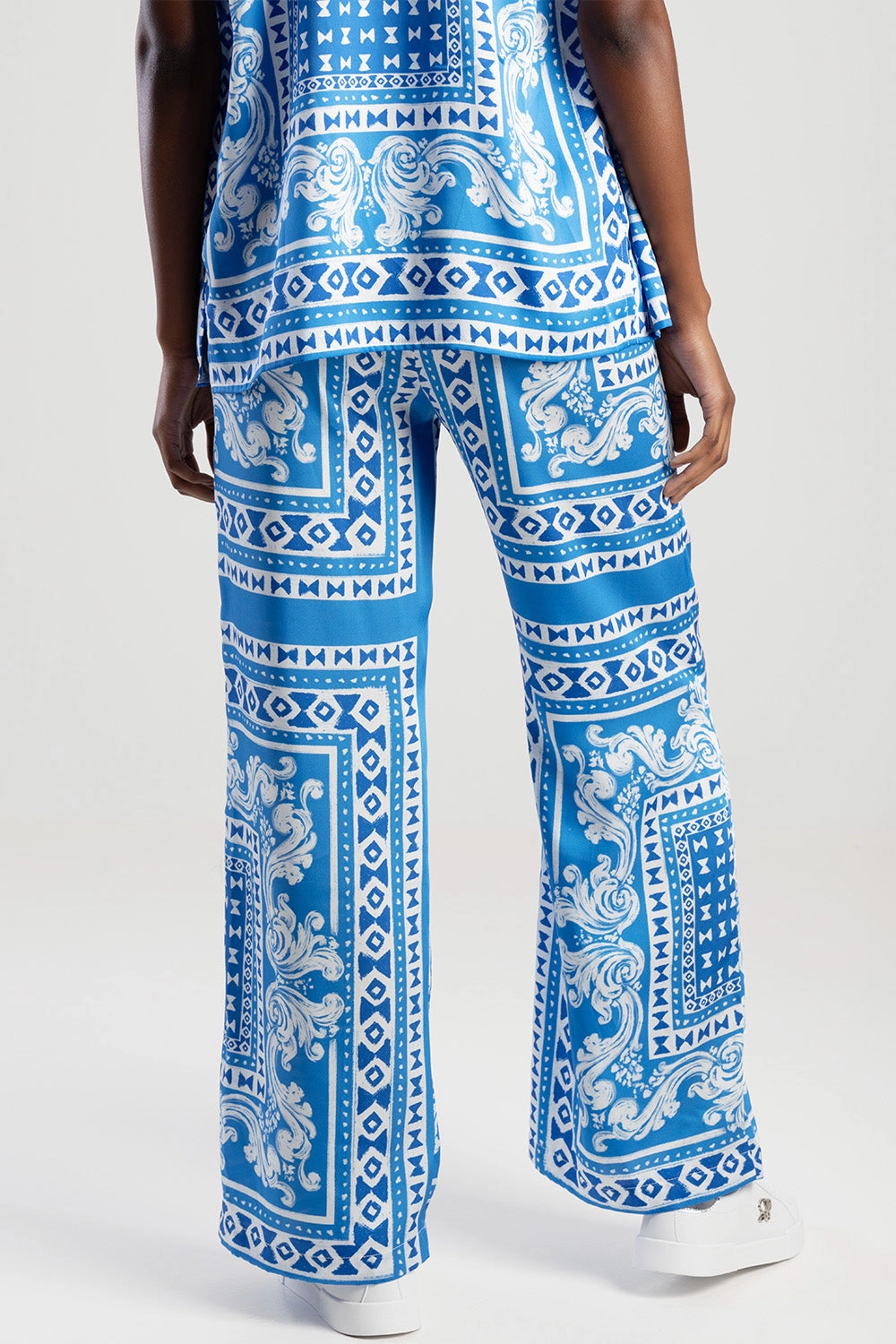 Elasticated Waist Wide Leg Pants - Blue Bold Waistband