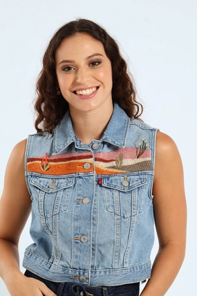 Stitched Look Embroidered Denim Vest - Blue