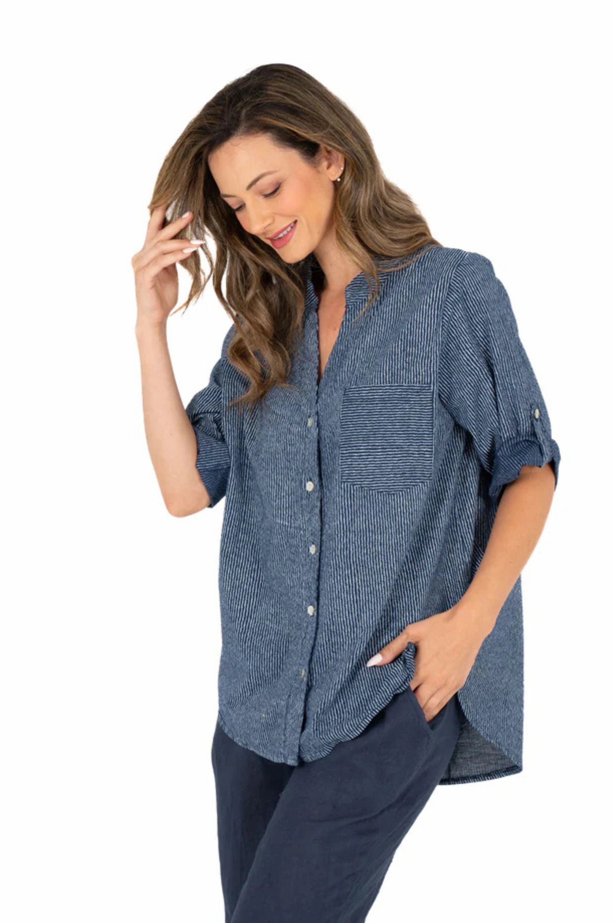 Sweat-Absorbing Pocket Detailing STRIPE SHIRT - 21-10962W