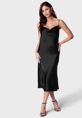 Satin Cowl Neck Slip Midi Dress Natural Form