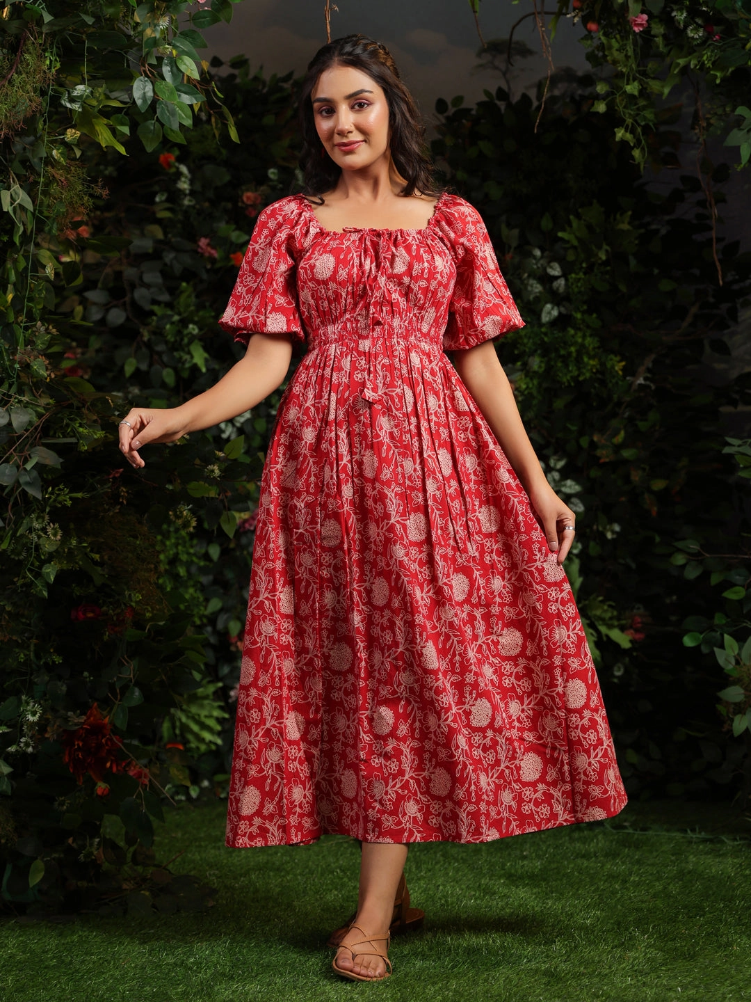 Women's Red long Cotton dress with balloon sleeves Fit Easy Tall Fit