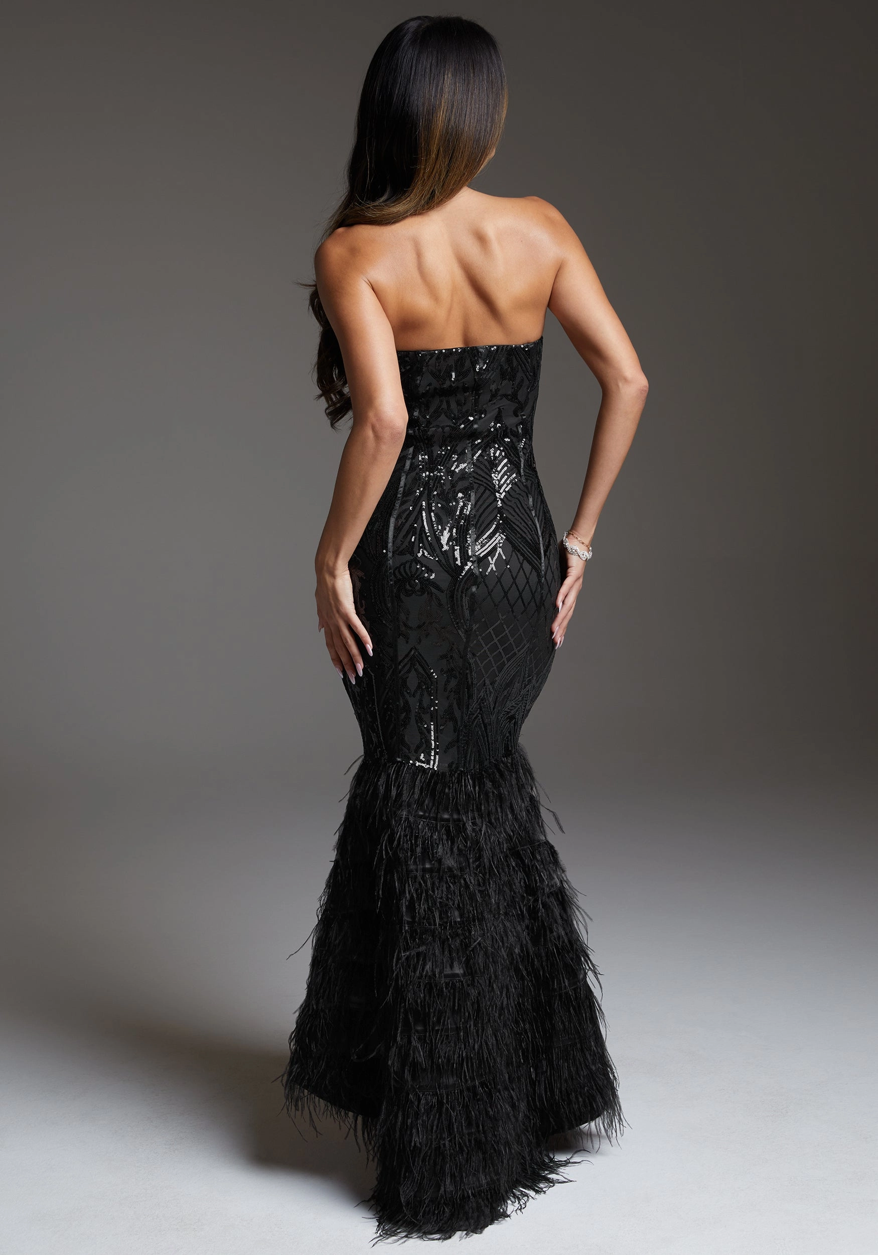 Contrast-Piping Feather Gown