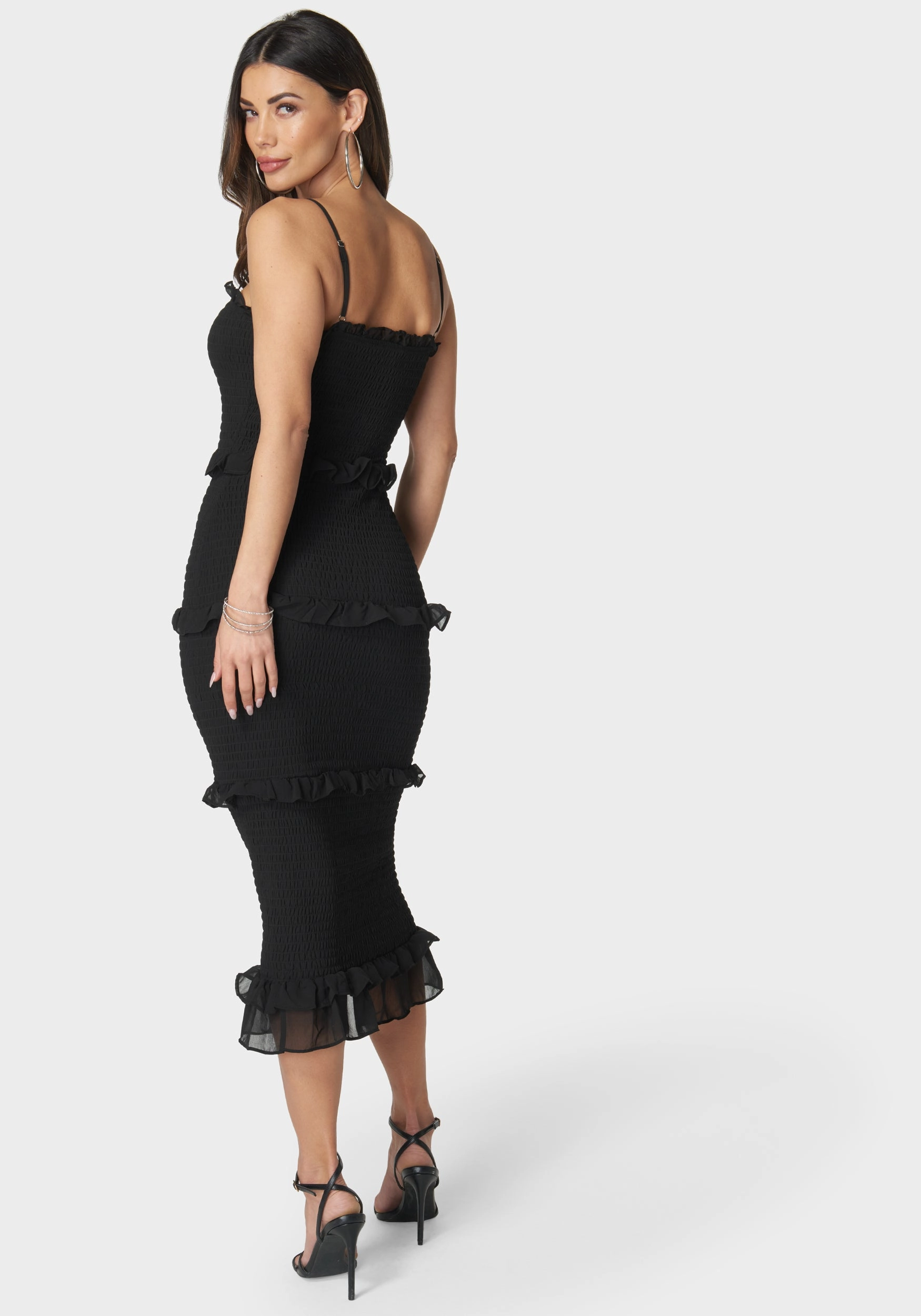 Georgette Smocked Midi Dress Embroidered-Detail Retro Vibes