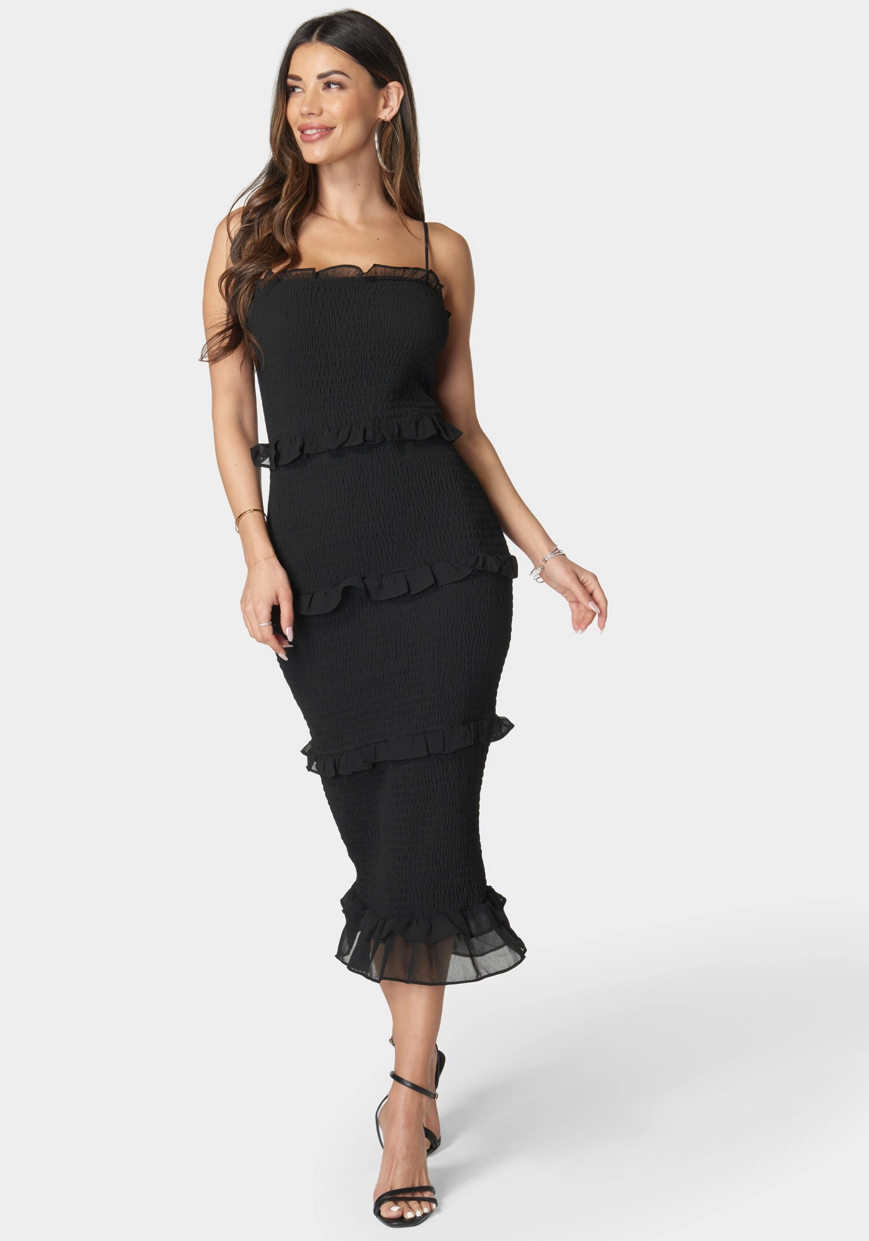 Georgette Smocked Midi Dress Office Tone Square-Neck