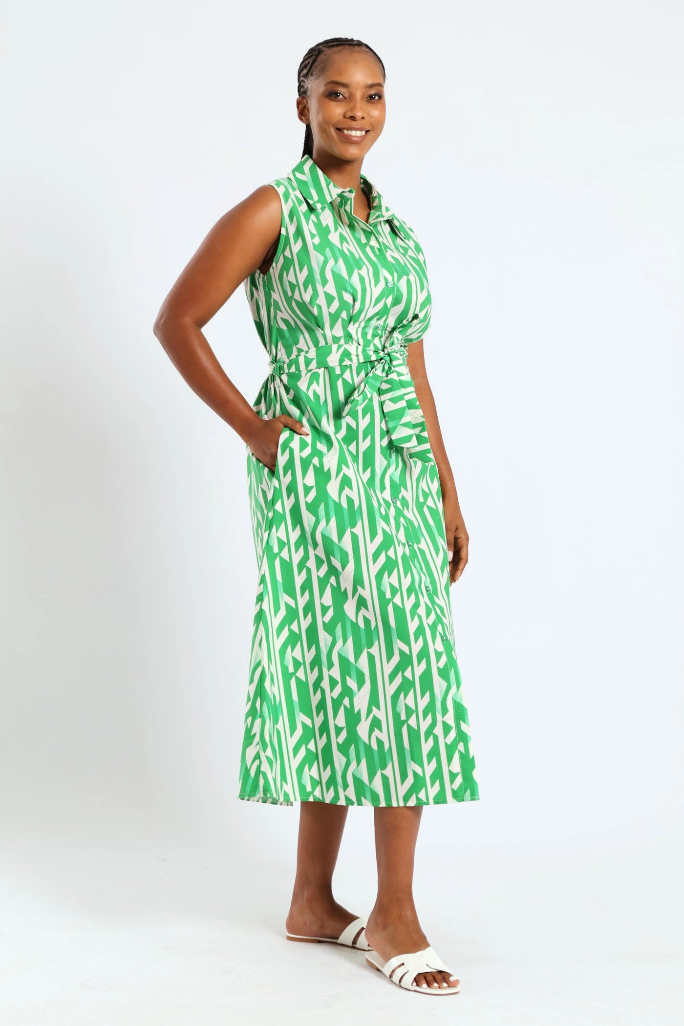 Matte-finish 1/2 Pocket Collared Belted Midi Dress - White/Green