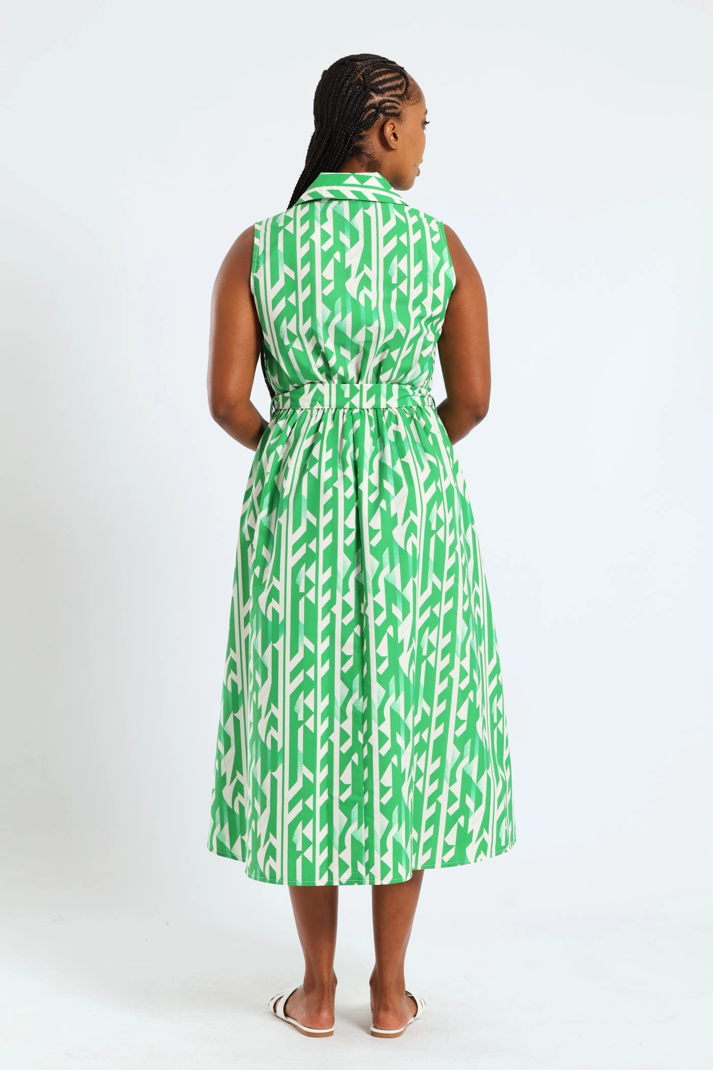 Emerging-Brand Wedding-Guest 1/2 Pocket Collared Belted Midi Dress - White/Green