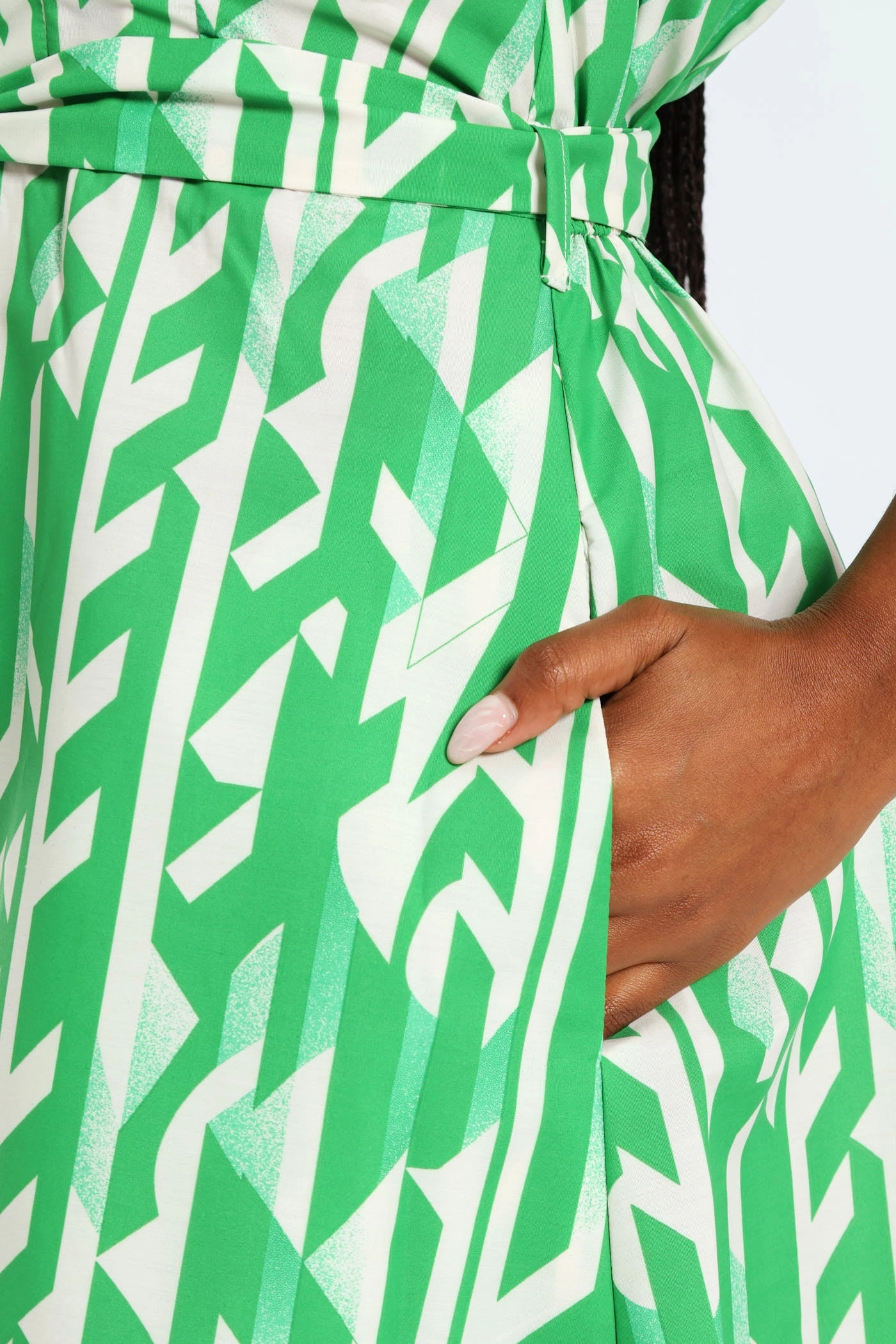 Fair-Trade Party Floral 1/2 Pocket Collared Belted Midi Dress - White/Green