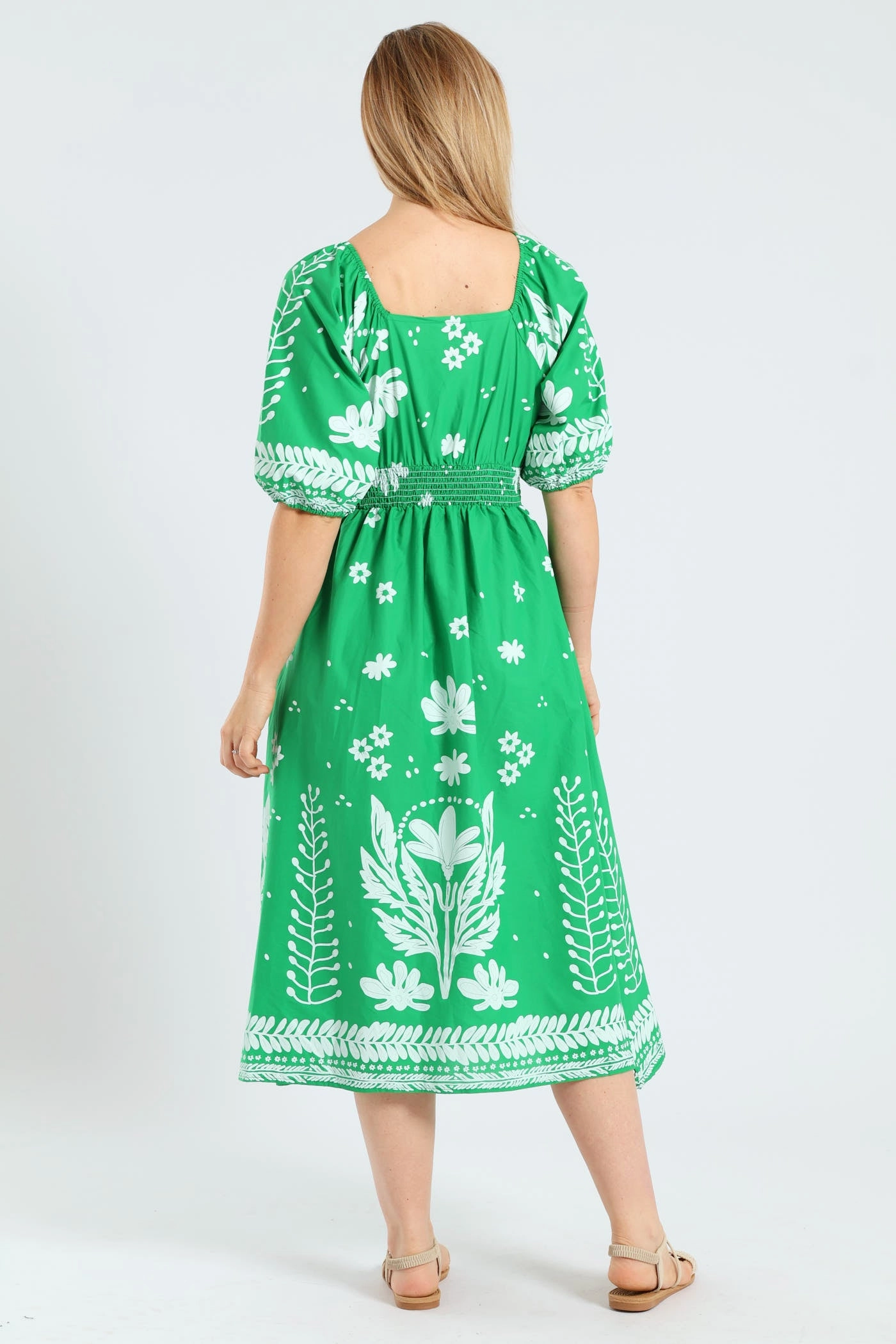 3/4 Sleeve V-Neck Border Print Midaxi Dress - Emerald cut out