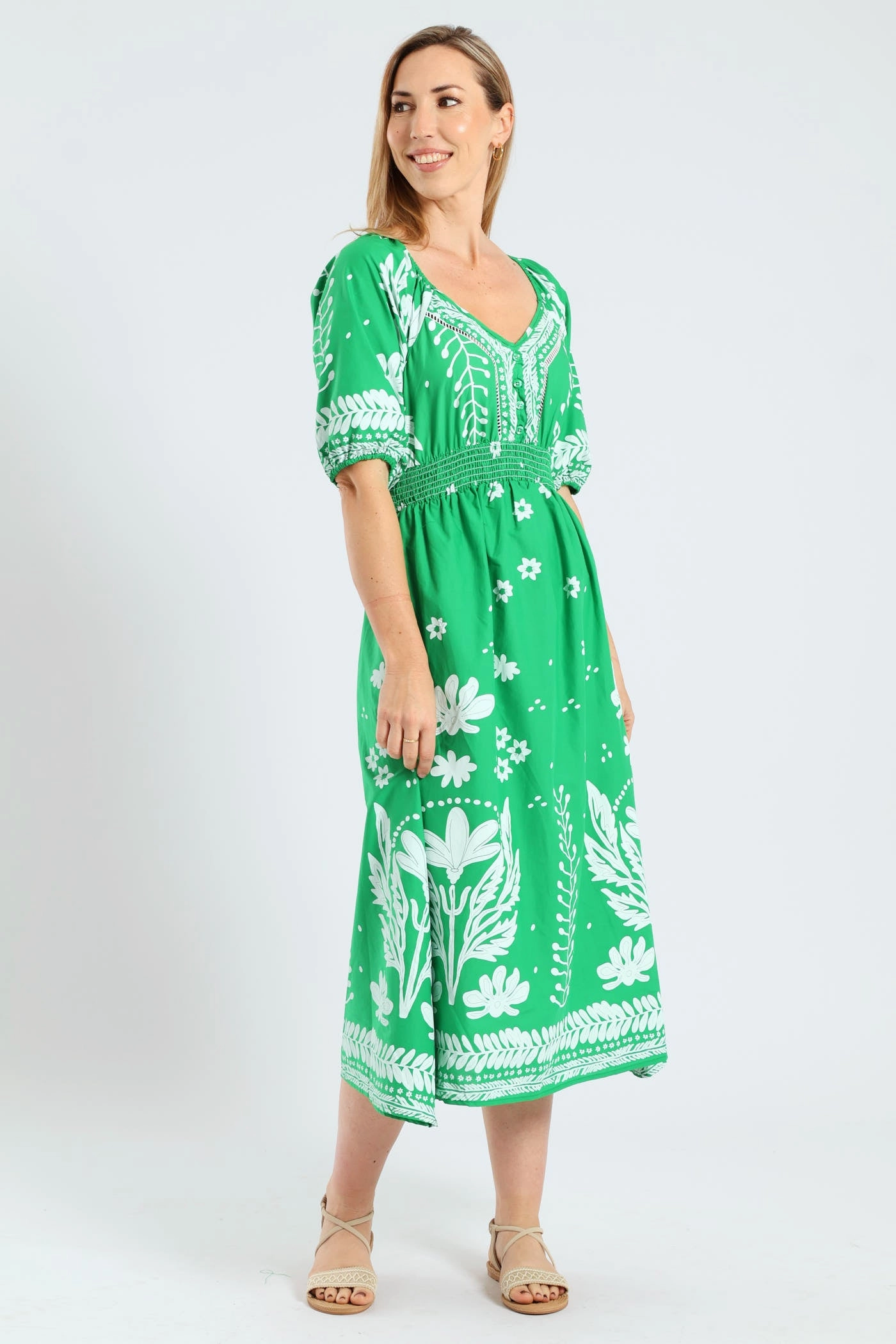 3/4 Sleeve V-Neck Border Print Midaxi Dress - Emerald Flattering Cut Wear