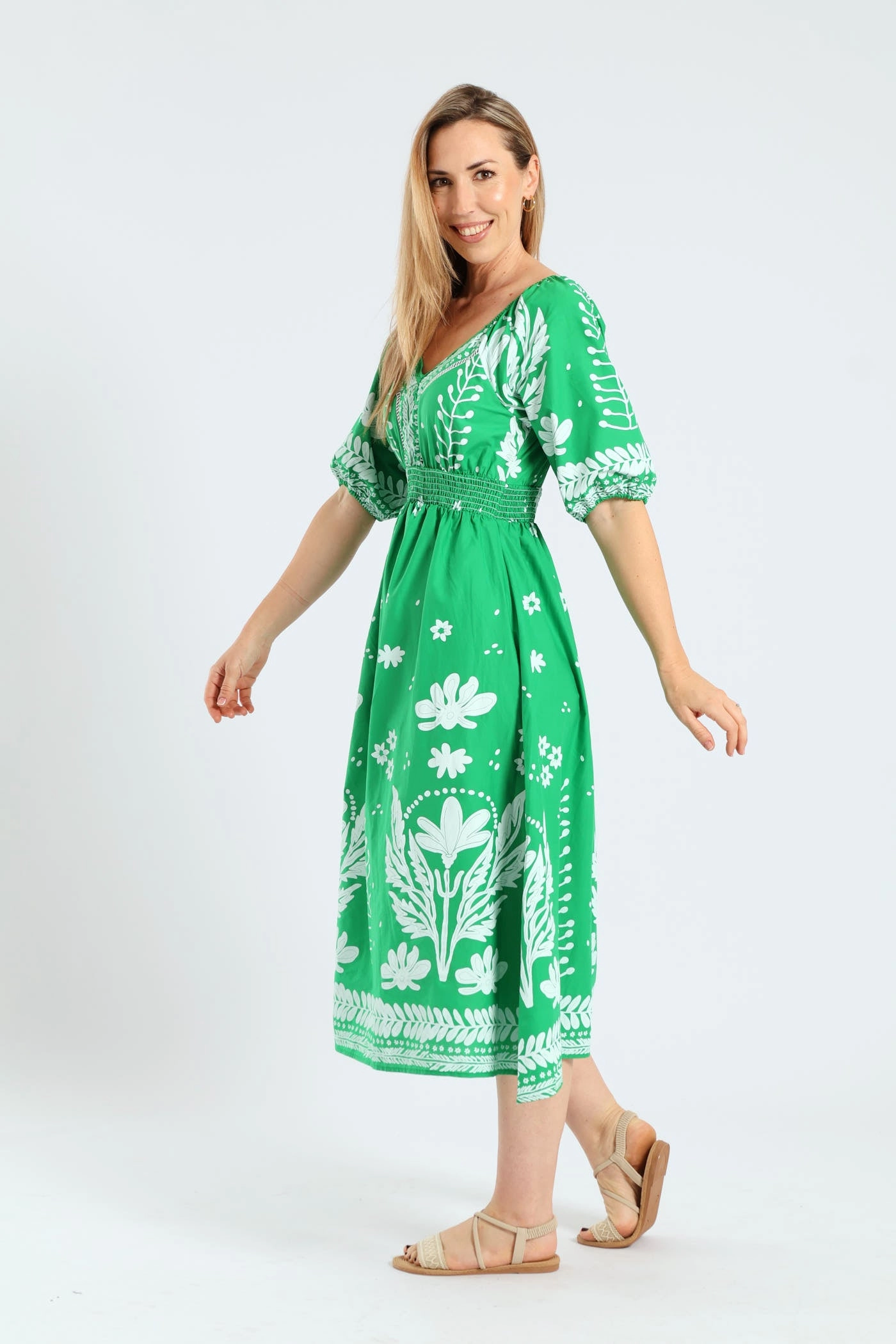 3/4 Sleeve V-Neck Border Print Midaxi Dress - Emerald Curve Friendly
