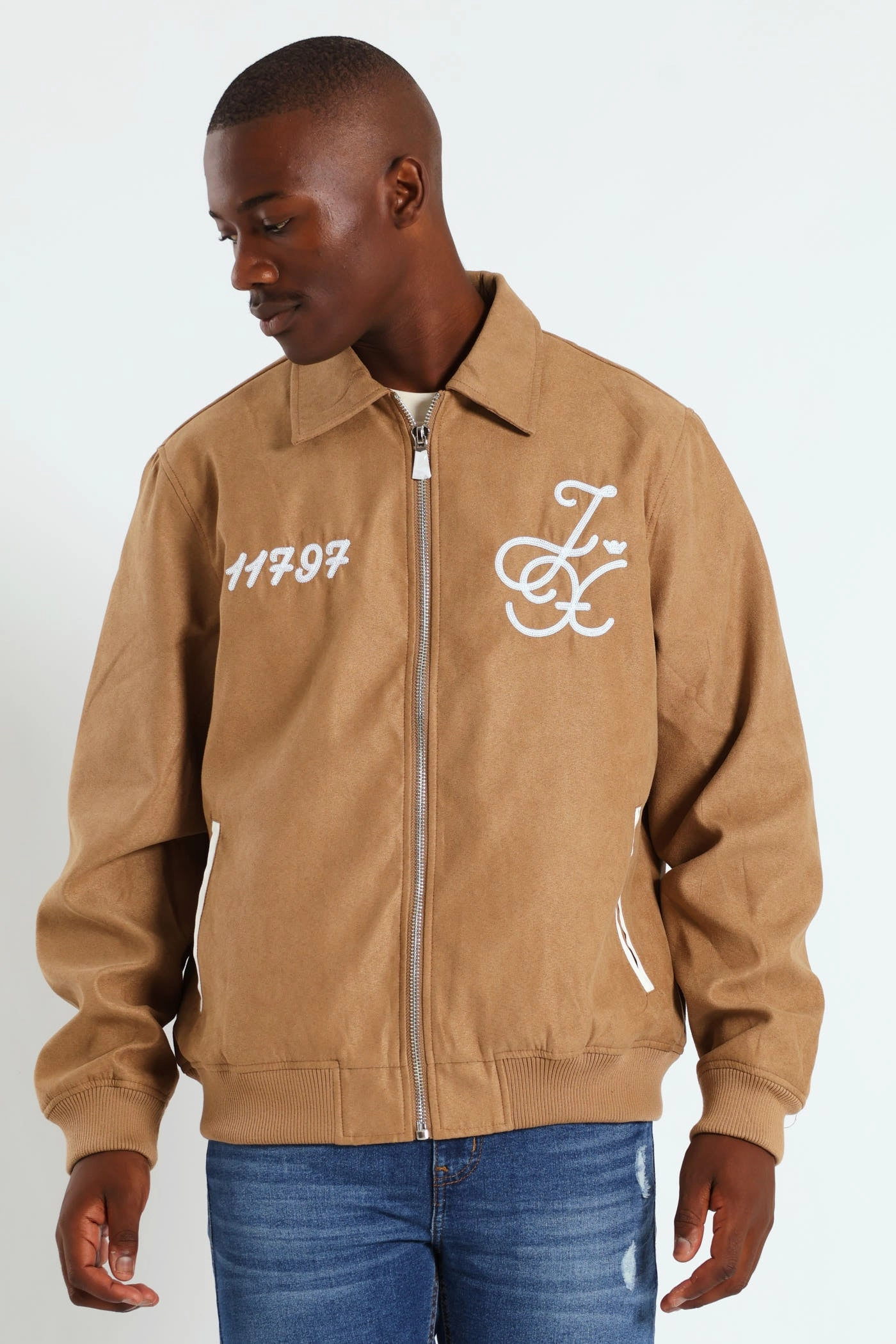 Fire Retardant Treated Fabric Suede Emroidery Baseball Jacket - Camel