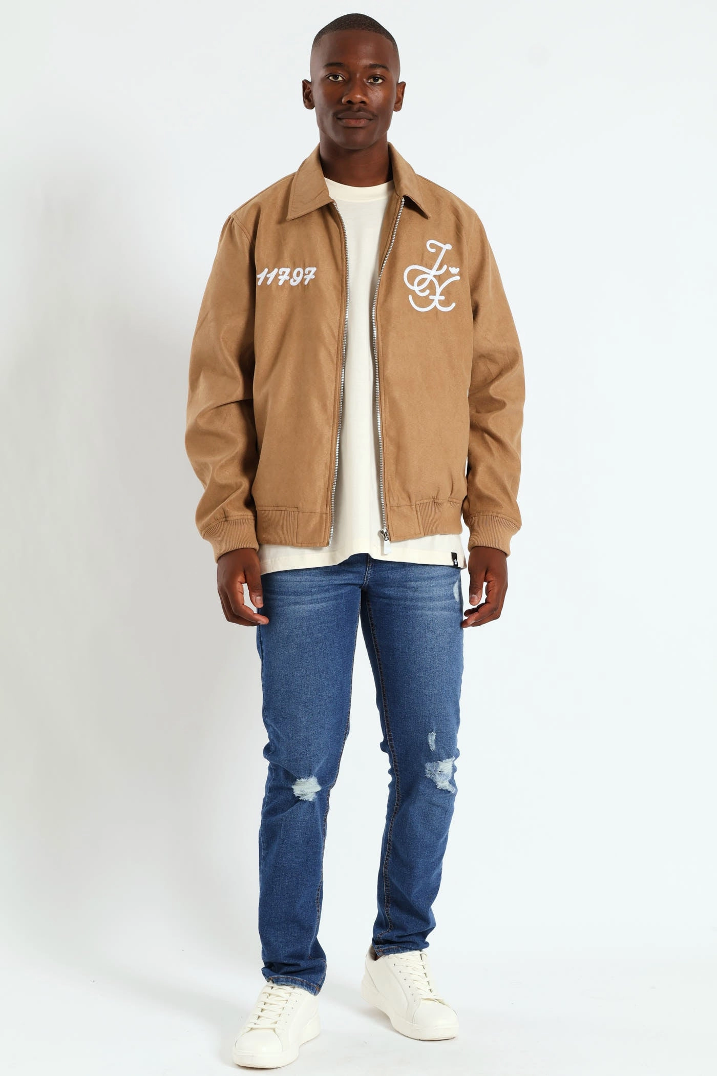wrinkle free finish Suede Emroidery Baseball Jacket - Camel