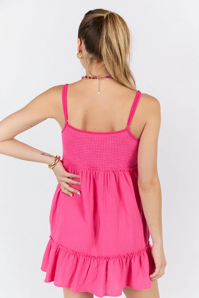 Sunny Day Stroll Pink Waffle & Gauze Mini Dress FINAL SALE Ruffle-Detail City Ready