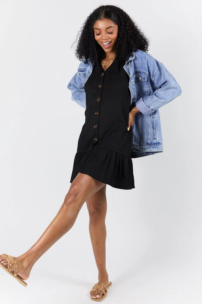 Flattering Comfort Wear Sunset Romance Black Knit Button Front Mini Dress SALE