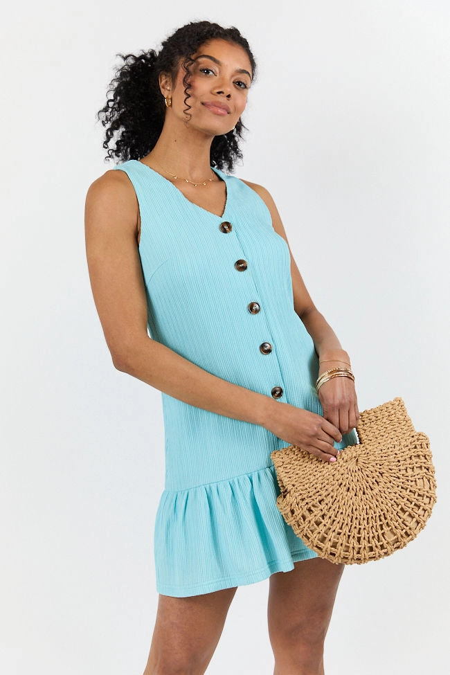 Weekend Favorite Sunset Romance Light Blue Knit Button Front Mini Dress FINAL SALE