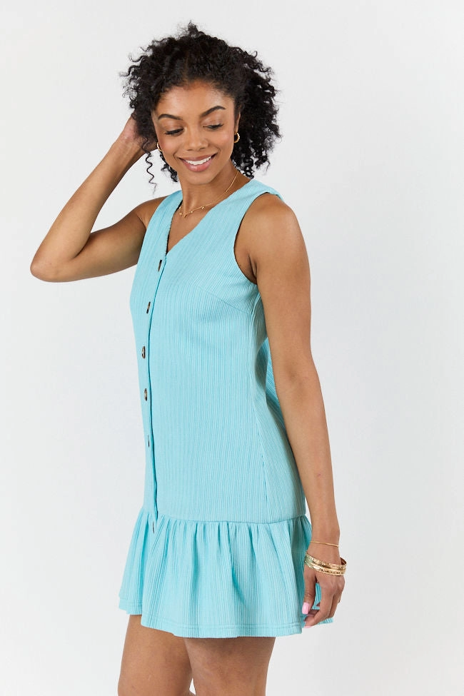 Sunset Romance Light Blue Knit Button Front Mini Dress FINAL SALE London Edge Trendy pick