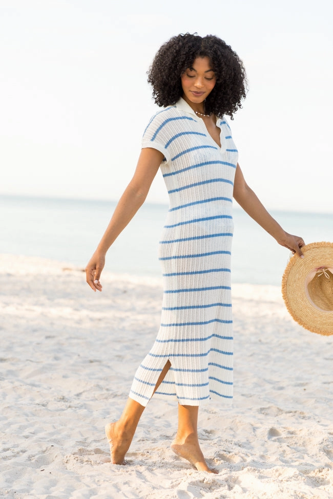 Sunset Sail Blue Striped Knit Coverup Midi Dress FINAL SALE Flowy Cut