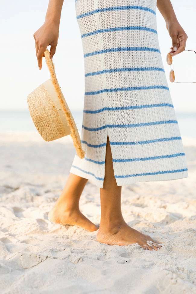 Easy to Wear Comfy Detail Sunset Sail Blue Striped Knit Coverup Midi Dress FINAL SALE