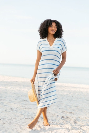 Practical work-to-play piece Sunset Sail Blue Striped Knit Coverup Midi Dress FINAL SALE